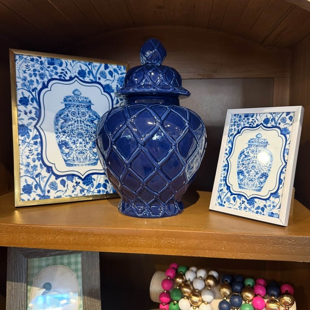 Blue Ceramic Ginger Jar with Matching Framed Art 3 pieces